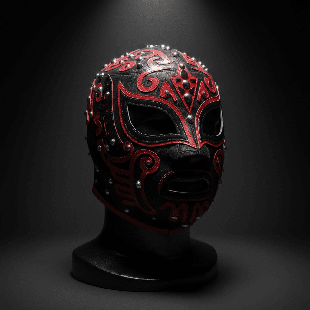 Finished black and crimson custom mask with silver studs displayed on black velvet