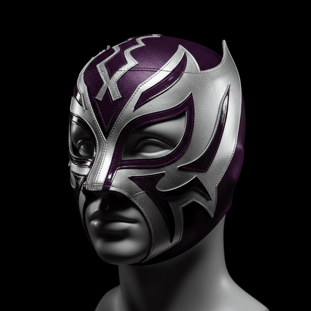 Professional display of custom purple and silver geometric lucha libre mask on mannequin