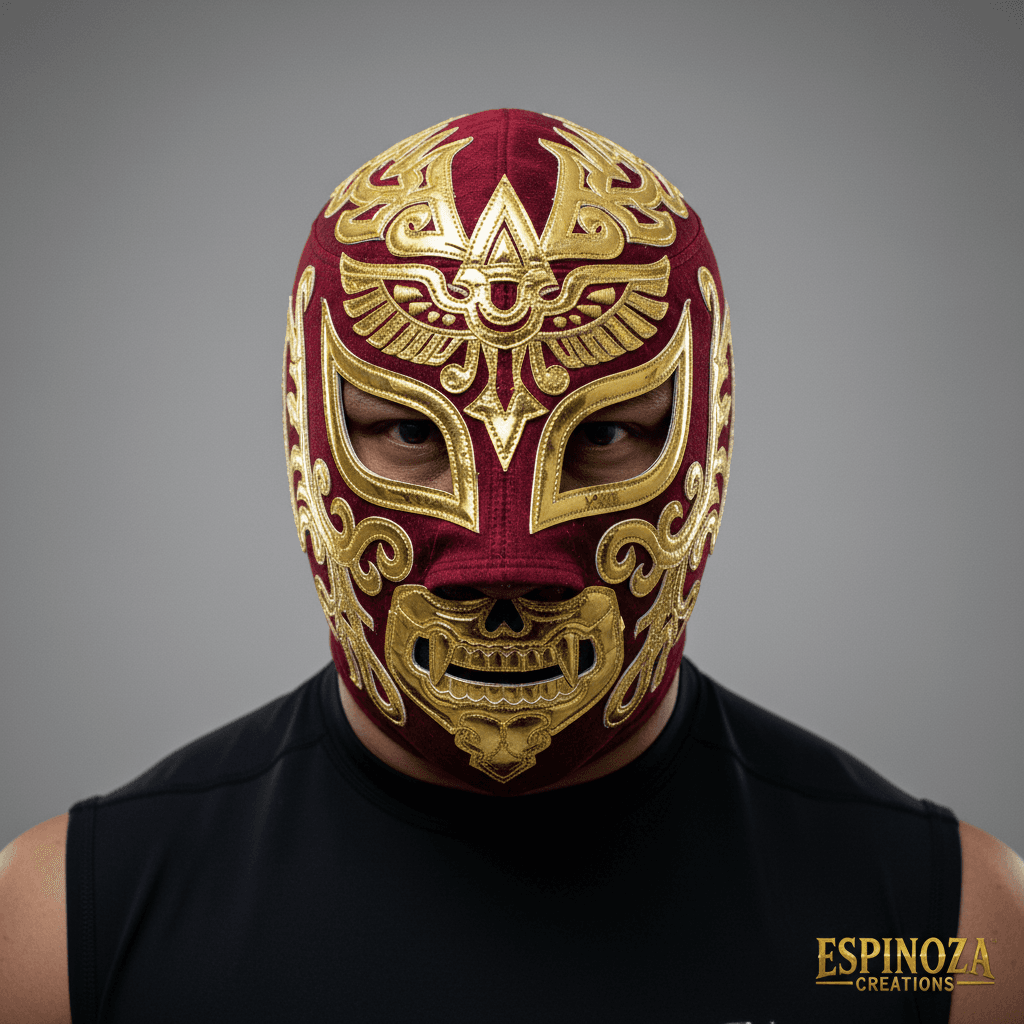 Mexican luchador wearing a custom mask with red and gold embroidery in a studio setting
