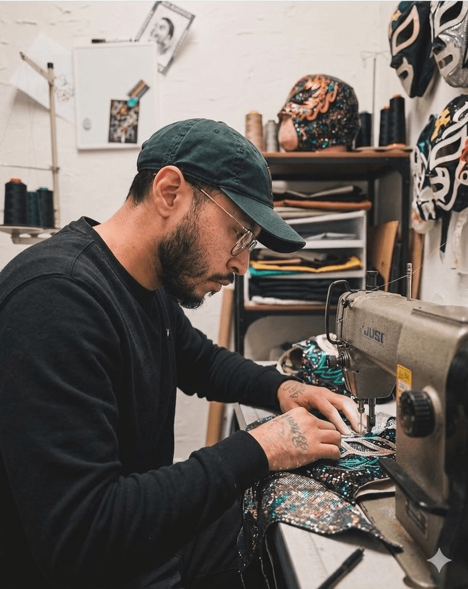 Bearded man in a green cap sewing a colorful, sequined lucha libre mask.
